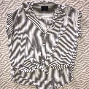 Grey and white striped button down blouse